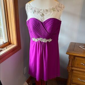 Grace Karin Fuchsia and Ivory Illusion Neck Mini Dress